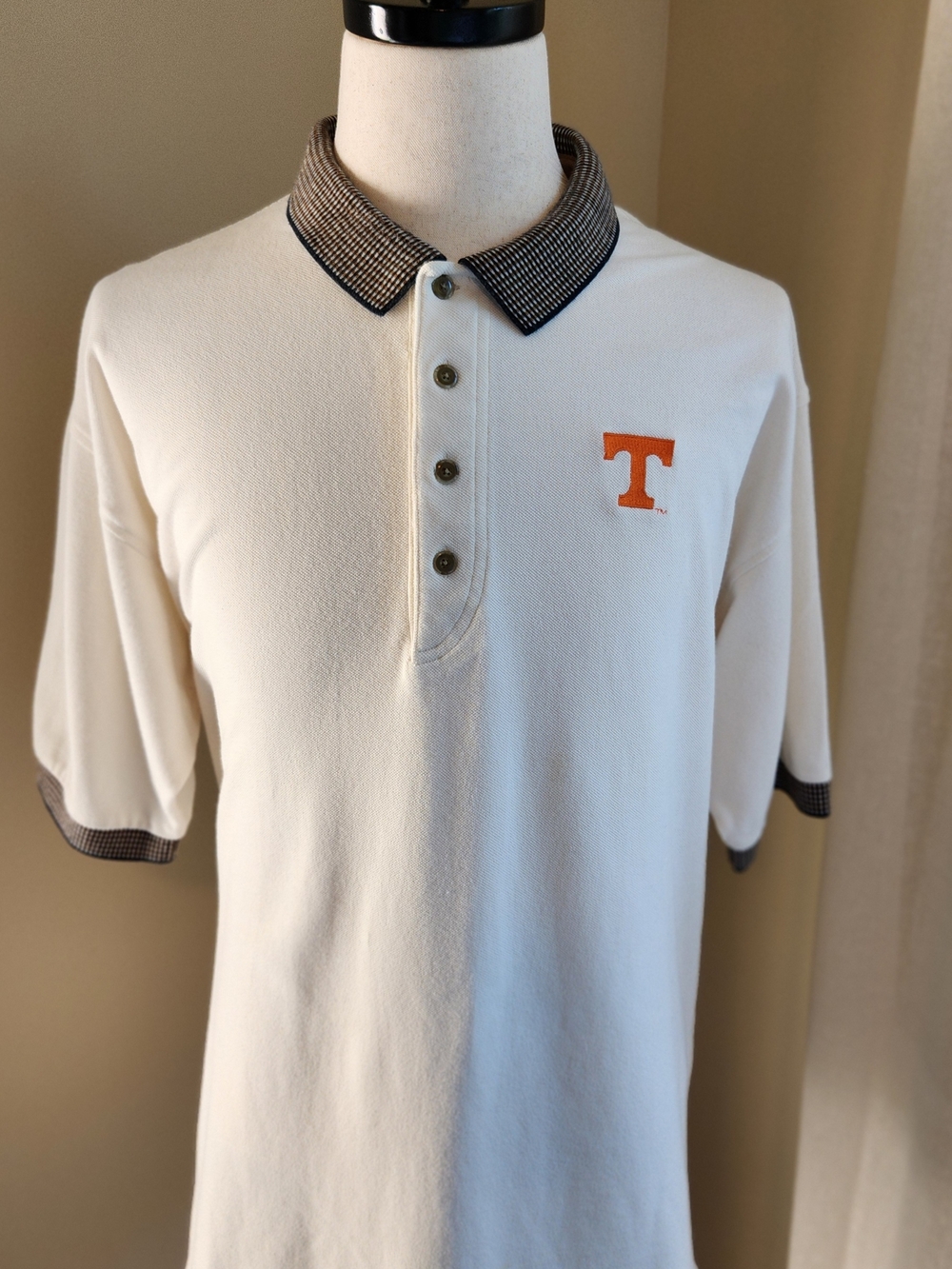 Antigua Men's XL Sz Cream Polo Orange 'T'  Embroidery Chest Contrast Collar Trim